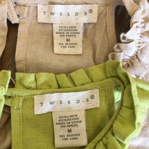 (2) Tweeds Womens Sleeveless Tan & Green Ruffled Linen Halter Tops Size Medium - Picture 7 of 7